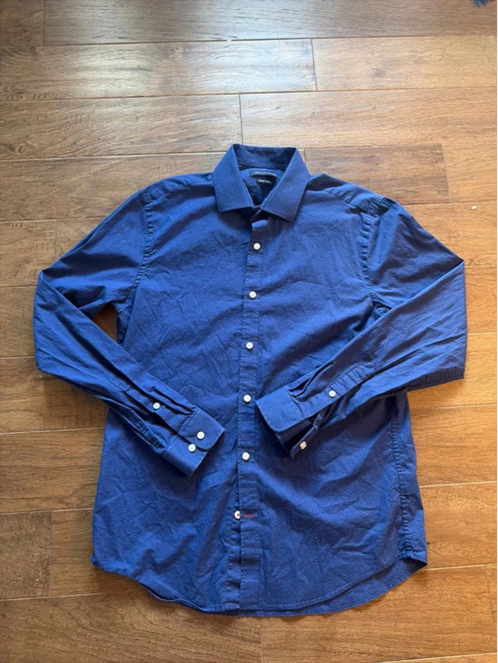 Tommy Hilfiger Men’s Navy Blue Pattern Slim Fit Stretch Long Sleeve Button Shirt